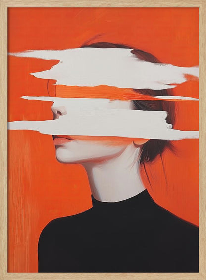 Abstract portrait of a woman in a black turtleneck against a vibrant orange background. Her face is obscured by thick, horizontal white brushstrokes, revealing only parts of her nose and lips. Artwork