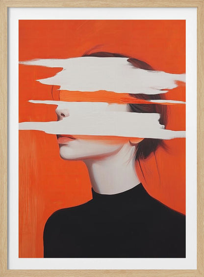 Abstract portrait of a woman in a black turtleneck against a vibrant orange background. Her face is obscured by thick, horizontal white brushstrokes, revealing only parts of her nose and lips. Artwork