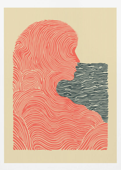 A framed abstract illustration in a woodblock print style. It depicts the silhouette of a person in profile, rendered in flowing red-orange lines, looking towards a rectangular block of dark blue wavy lines that suggest water. The background is a solid cream color. Poster