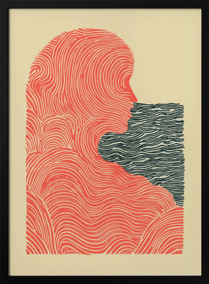 A framed abstract illustration in a woodblock print style. It depicts the silhouette of a person in profile, rendered in flowing red-orange lines, looking towards a rectangular block of dark blue wavy lines that suggest water. The background is a solid cream color. Poster