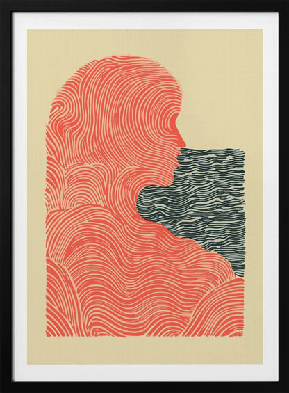 A framed abstract illustration in a woodblock print style. It depicts the silhouette of a person in profile, rendered in flowing red-orange lines, looking towards a rectangular block of dark blue wavy lines that suggest water. The background is a solid cream color. Poster