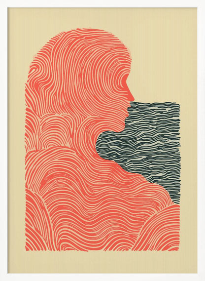 A framed abstract illustration in a woodblock print style. It depicts the silhouette of a person in profile, rendered in flowing red-orange lines, looking towards a rectangular block of dark blue wavy lines that suggest water. The background is a solid cream color. Poster