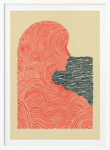 A framed abstract illustration in a woodblock print style. It depicts the silhouette of a person in profile, rendered in flowing red-orange lines, looking towards a rectangular block of dark blue wavy lines that suggest water. The background is a solid cream color. Poster