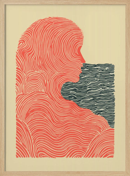 A framed abstract illustration in a woodblock print style. It depicts the silhouette of a person in profile, rendered in flowing red-orange lines, looking towards a rectangular block of dark blue wavy lines that suggest water. The background is a solid cream color. Poster