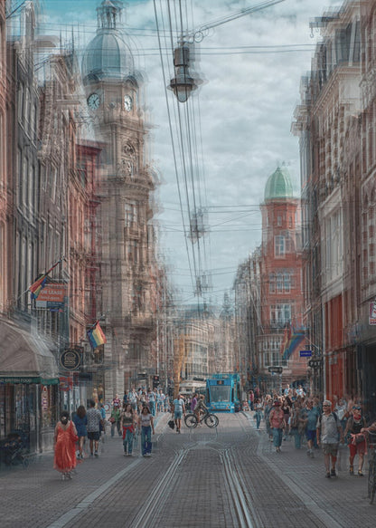 A motion-blurred, dreamlike photograph of a busy street in Amsterdam. Historic buildings line the cobblestone road, which is filled with pedestrians and features tram tracks. A prominent clock tower rises against a cloudy blue sky, and the entire scene has a shaky, layered effect. Poster