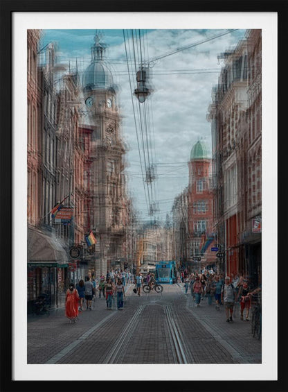 A motion-blurred, dreamlike photograph of a busy street in Amsterdam. Historic buildings line the cobblestone road, which is filled with pedestrians and features tram tracks. A prominent clock tower rises against a cloudy blue sky, and the entire scene has a shaky, layered effect. Poster