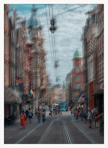 A motion-blurred, dreamlike photograph of a busy street in Amsterdam. Historic buildings line the cobblestone road, which is filled with pedestrians and features tram tracks. A prominent clock tower rises against a cloudy blue sky, and the entire scene has a shaky, layered effect. Poster