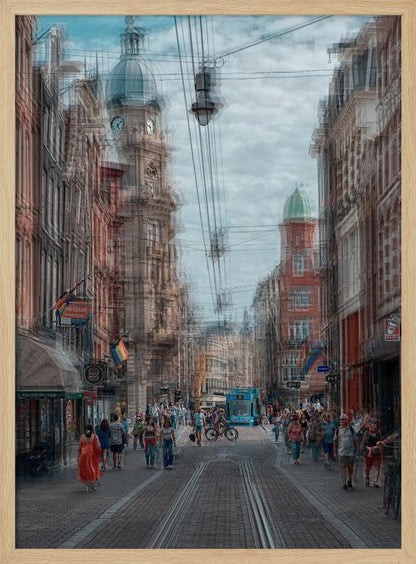 A motion-blurred, dreamlike photograph of a busy street in Amsterdam. Historic buildings line the cobblestone road, which is filled with pedestrians and features tram tracks. A prominent clock tower rises against a cloudy blue sky, and the entire scene has a shaky, layered effect. Poster