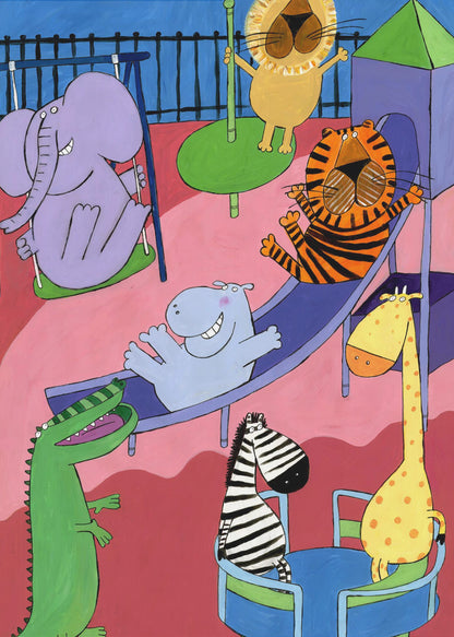 A colorful and playful cartoon illustration of various zoo animals having fun at a playground. A purple elephant is on a swing, a lion on a roundabout, a tiger and a hippo are going down a slide, and a zebra and a giraffe are on a spinning ride, all rendered in a whimsical, child-like style. Artwork
