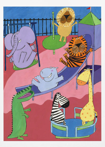 A colorful and playful cartoon illustration of various zoo animals having fun at a playground. A purple elephant is on a swing, a lion on a roundabout, a tiger and a hippo are going down a slide, and a zebra and a giraffe are on a spinning ride, all rendered in a whimsical, child-like style. Artwork
