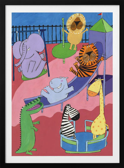 A colorful and playful cartoon illustration of various zoo animals having fun at a playground. A purple elephant is on a swing, a lion on a roundabout, a tiger and a hippo are going down a slide, and a zebra and a giraffe are on a spinning ride, all rendered in a whimsical, child-like style. Artwork