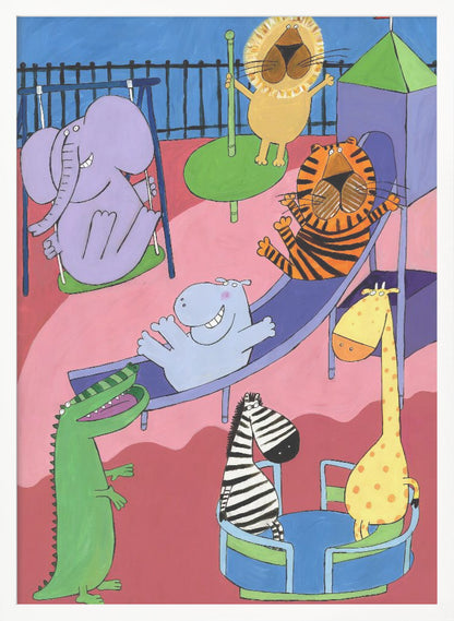 A colorful and playful cartoon illustration of various zoo animals having fun at a playground. A purple elephant is on a swing, a lion on a roundabout, a tiger and a hippo are going down a slide, and a zebra and a giraffe are on a spinning ride, all rendered in a whimsical, child-like style. Artwork