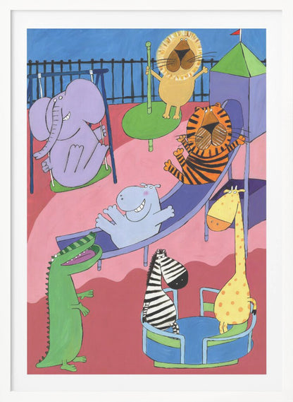 A colorful and playful cartoon illustration of various zoo animals having fun at a playground. A purple elephant is on a swing, a lion on a roundabout, a tiger and a hippo are going down a slide, and a zebra and a giraffe are on a spinning ride, all rendered in a whimsical, child-like style. Artwork