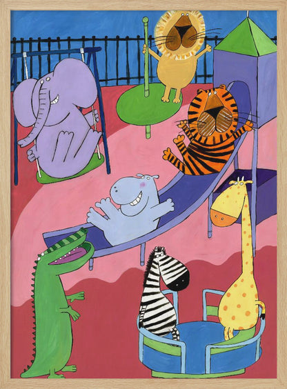 A colorful and playful cartoon illustration of various zoo animals having fun at a playground. A purple elephant is on a swing, a lion on a roundabout, a tiger and a hippo are going down a slide, and a zebra and a giraffe are on a spinning ride, all rendered in a whimsical, child-like style. Artwork