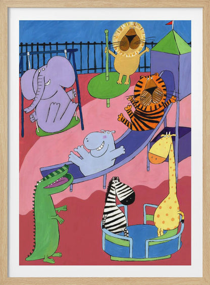A colorful and playful cartoon illustration of various zoo animals having fun at a playground. A purple elephant is on a swing, a lion on a roundabout, a tiger and a hippo are going down a slide, and a zebra and a giraffe are on a spinning ride, all rendered in a whimsical, child-like style. Artwork