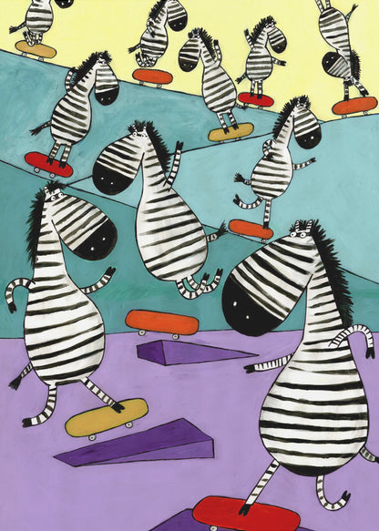 A whimsical painting of a crowd of cartoon zebras joyfully skateboarding in a colorful skatepark. The background is sectioned into pastel yellow, teal, and lavender, with purple ramps scattered about. The zebras have stylized, elongated bodies and are shown in various dynamic poses on red and yellow skateboards. Poster