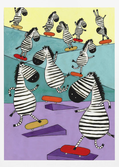 A whimsical painting of a crowd of cartoon zebras joyfully skateboarding in a colorful skatepark. The background is sectioned into pastel yellow, teal, and lavender, with purple ramps scattered about. The zebras have stylized, elongated bodies and are shown in various dynamic poses on red and yellow skateboards. Poster
