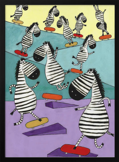 A whimsical painting of a crowd of cartoon zebras joyfully skateboarding in a colorful skatepark. The background is sectioned into pastel yellow, teal, and lavender, with purple ramps scattered about. The zebras have stylized, elongated bodies and are shown in various dynamic poses on red and yellow skateboards. Poster