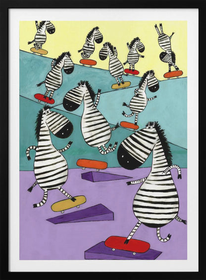 A whimsical painting of a crowd of cartoon zebras joyfully skateboarding in a colorful skatepark. The background is sectioned into pastel yellow, teal, and lavender, with purple ramps scattered about. The zebras have stylized, elongated bodies and are shown in various dynamic poses on red and yellow skateboards. Poster