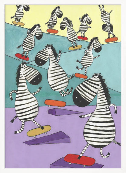 A whimsical painting of a crowd of cartoon zebras joyfully skateboarding in a colorful skatepark. The background is sectioned into pastel yellow, teal, and lavender, with purple ramps scattered about. The zebras have stylized, elongated bodies and are shown in various dynamic poses on red and yellow skateboards. Poster