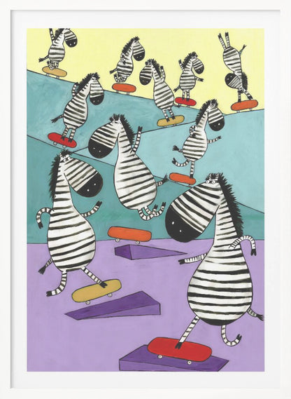 A whimsical painting of a crowd of cartoon zebras joyfully skateboarding in a colorful skatepark. The background is sectioned into pastel yellow, teal, and lavender, with purple ramps scattered about. The zebras have stylized, elongated bodies and are shown in various dynamic poses on red and yellow skateboards. Poster