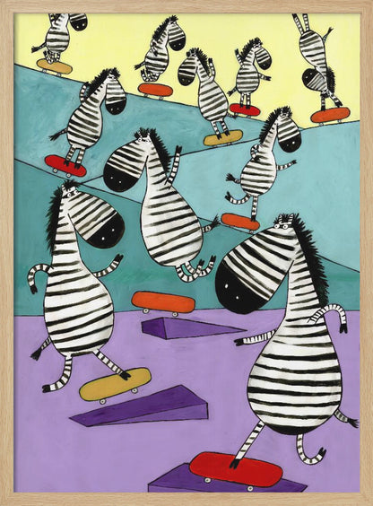 A whimsical painting of a crowd of cartoon zebras joyfully skateboarding in a colorful skatepark. The background is sectioned into pastel yellow, teal, and lavender, with purple ramps scattered about. The zebras have stylized, elongated bodies and are shown in various dynamic poses on red and yellow skateboards. Poster