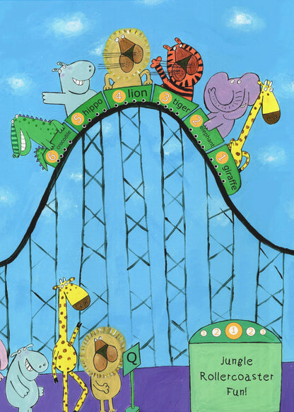 A whimsical children's illustration of various jungle animals, including a giraffe, elephant, tiger, lion, hippo, and crocodile, riding a black rollercoaster against a blue sky. Each animal is in a numbered green car. Below, a hippo, giraffe, and lion are queuing next to a green sign that reads 'Jungle Rollercoaster Fun!'. Poster