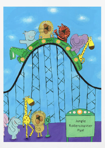 A whimsical children's illustration of various jungle animals, including a giraffe, elephant, tiger, lion, hippo, and crocodile, riding a black rollercoaster against a blue sky. Each animal is in a numbered green car. Below, a hippo, giraffe, and lion are queuing next to a green sign that reads 'Jungle Rollercoaster Fun!'. Poster