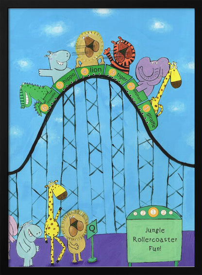 A whimsical children's illustration of various jungle animals, including a giraffe, elephant, tiger, lion, hippo, and crocodile, riding a black rollercoaster against a blue sky. Each animal is in a numbered green car. Below, a hippo, giraffe, and lion are queuing next to a green sign that reads 'Jungle Rollercoaster Fun!'. Poster