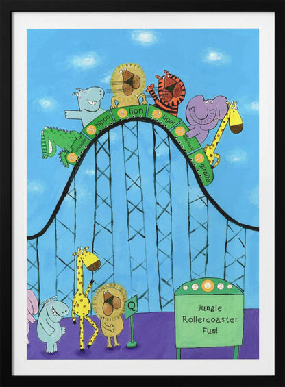 A whimsical children's illustration of various jungle animals, including a giraffe, elephant, tiger, lion, hippo, and crocodile, riding a black rollercoaster against a blue sky. Each animal is in a numbered green car. Below, a hippo, giraffe, and lion are queuing next to a green sign that reads 'Jungle Rollercoaster Fun!'. Poster