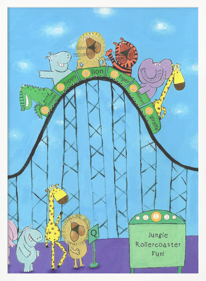 A whimsical children's illustration of various jungle animals, including a giraffe, elephant, tiger, lion, hippo, and crocodile, riding a black rollercoaster against a blue sky. Each animal is in a numbered green car. Below, a hippo, giraffe, and lion are queuing next to a green sign that reads 'Jungle Rollercoaster Fun!'. Poster