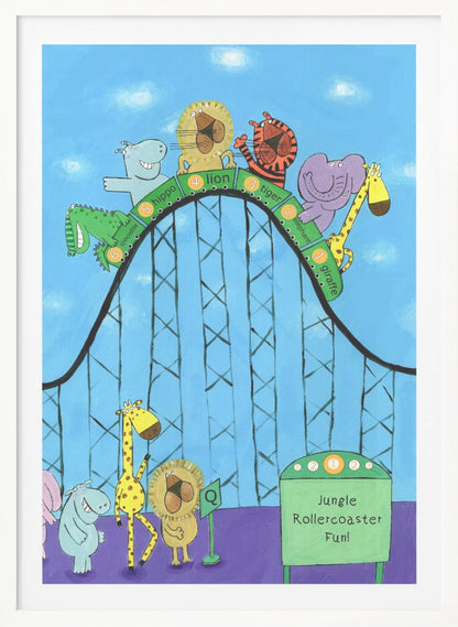 A whimsical children's illustration of various jungle animals, including a giraffe, elephant, tiger, lion, hippo, and crocodile, riding a black rollercoaster against a blue sky. Each animal is in a numbered green car. Below, a hippo, giraffe, and lion are queuing next to a green sign that reads 'Jungle Rollercoaster Fun!'. Poster