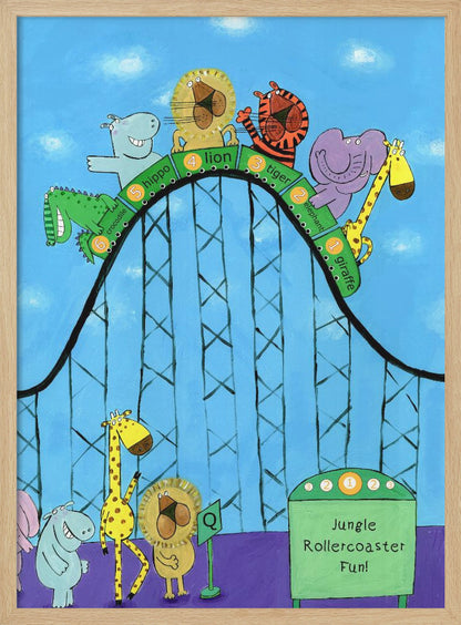 A whimsical children's illustration of various jungle animals, including a giraffe, elephant, tiger, lion, hippo, and crocodile, riding a black rollercoaster against a blue sky. Each animal is in a numbered green car. Below, a hippo, giraffe, and lion are queuing next to a green sign that reads 'Jungle Rollercoaster Fun!'. Poster