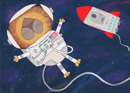 A whimsical cartoon illustration of a lion astronaut floating in deep space. The lion, wearing a white spacesuit and helmet, has a wide-eyed expression. A red and white toy rocket labeled 'Space Shuttle Explorer' flies nearby against a dark blue, star-filled background. Poster