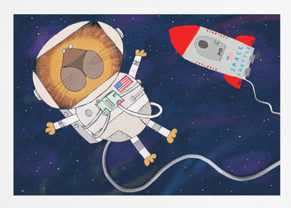 A whimsical cartoon illustration of a lion astronaut floating in deep space. The lion, wearing a white spacesuit and helmet, has a wide-eyed expression. A red and white toy rocket labeled 'Space Shuttle Explorer' flies nearby against a dark blue, star-filled background. Poster