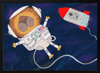 A whimsical cartoon illustration of a lion astronaut floating in deep space. The lion, wearing a white spacesuit and helmet, has a wide-eyed expression. A red and white toy rocket labeled 'Space Shuttle Explorer' flies nearby against a dark blue, star-filled background. Poster