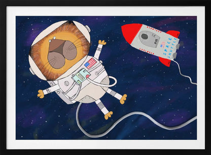 A whimsical cartoon illustration of a lion astronaut floating in deep space. The lion, wearing a white spacesuit and helmet, has a wide-eyed expression. A red and white toy rocket labeled 'Space Shuttle Explorer' flies nearby against a dark blue, star-filled background. Poster