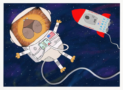 A whimsical cartoon illustration of a lion astronaut floating in deep space. The lion, wearing a white spacesuit and helmet, has a wide-eyed expression. A red and white toy rocket labeled 'Space Shuttle Explorer' flies nearby against a dark blue, star-filled background. Poster