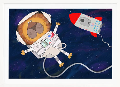 A whimsical cartoon illustration of a lion astronaut floating in deep space. The lion, wearing a white spacesuit and helmet, has a wide-eyed expression. A red and white toy rocket labeled 'Space Shuttle Explorer' flies nearby against a dark blue, star-filled background. Poster