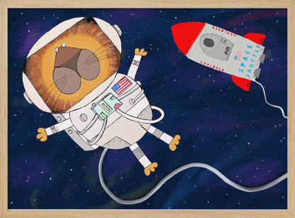 A whimsical cartoon illustration of a lion astronaut floating in deep space. The lion, wearing a white spacesuit and helmet, has a wide-eyed expression. A red and white toy rocket labeled 'Space Shuttle Explorer' flies nearby against a dark blue, star-filled background. Poster