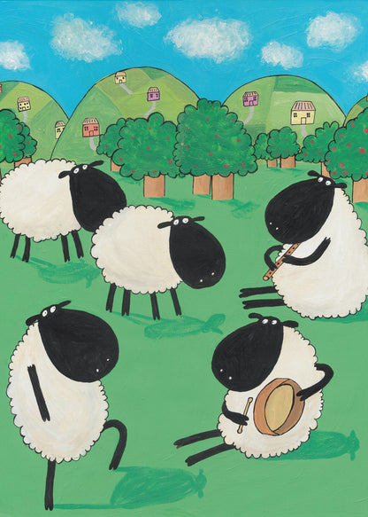 A whimsical, cartoon-style painting of five black and white sheep in a lush green meadow. Two sheep are seated, one playing a flute and the other a drum, while another dances. In the background are rolling green hills dotted with small houses, trees, and a bright blue sky with white clouds. Poster