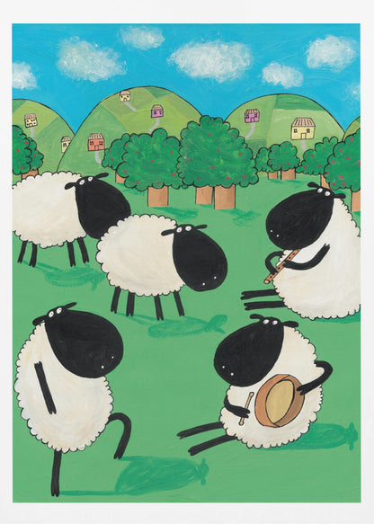 A whimsical, cartoon-style painting of five black and white sheep in a lush green meadow. Two sheep are seated, one playing a flute and the other a drum, while another dances. In the background are rolling green hills dotted with small houses, trees, and a bright blue sky with white clouds. Poster