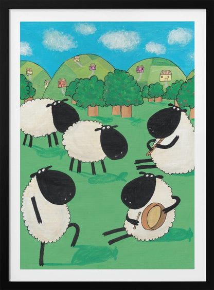 A whimsical, cartoon-style painting of five black and white sheep in a lush green meadow. Two sheep are seated, one playing a flute and the other a drum, while another dances. In the background are rolling green hills dotted with small houses, trees, and a bright blue sky with white clouds. Poster