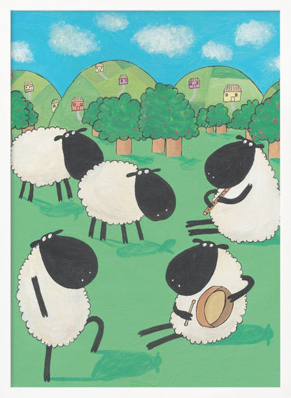A whimsical, cartoon-style painting of five black and white sheep in a lush green meadow. Two sheep are seated, one playing a flute and the other a drum, while another dances. In the background are rolling green hills dotted with small houses, trees, and a bright blue sky with white clouds. Poster