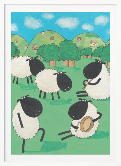 A whimsical, cartoon-style painting of five black and white sheep in a lush green meadow. Two sheep are seated, one playing a flute and the other a drum, while another dances. In the background are rolling green hills dotted with small houses, trees, and a bright blue sky with white clouds. Poster