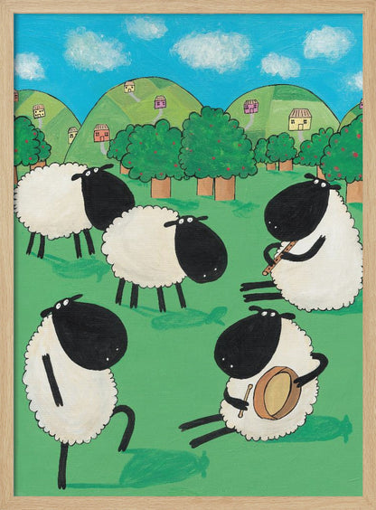 A whimsical, cartoon-style painting of five black and white sheep in a lush green meadow. Two sheep are seated, one playing a flute and the other a drum, while another dances. In the background are rolling green hills dotted with small houses, trees, and a bright blue sky with white clouds. Poster