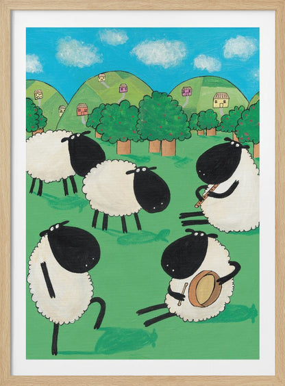 A whimsical, cartoon-style painting of five black and white sheep in a lush green meadow. Two sheep are seated, one playing a flute and the other a drum, while another dances. In the background are rolling green hills dotted with small houses, trees, and a bright blue sky with white clouds. Poster