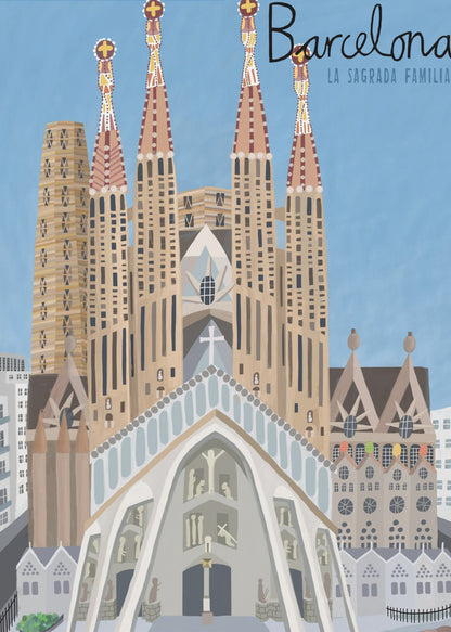 A stylized illustration of the Sagrada Familia in Barcelona, presented as a travel poster. The iconic church with its detailed spires stands against a solid blue sky, with the word 'Barcelona' written in a script font in the top right corner. Wall Art
