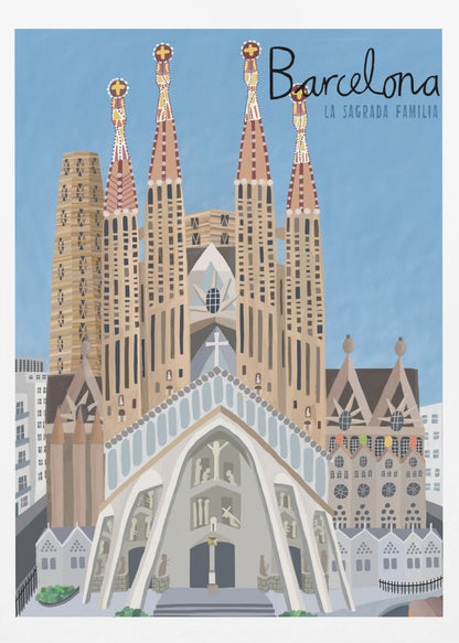 A stylized illustration of the Sagrada Familia in Barcelona, presented as a travel poster. The iconic church with its detailed spires stands against a solid blue sky, with the word 'Barcelona' written in a script font in the top right corner. Wall Art