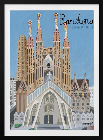 A stylized illustration of the Sagrada Familia in Barcelona, presented as a travel poster. The iconic church with its detailed spires stands against a solid blue sky, with the word 'Barcelona' written in a script font in the top right corner. Wall Art
